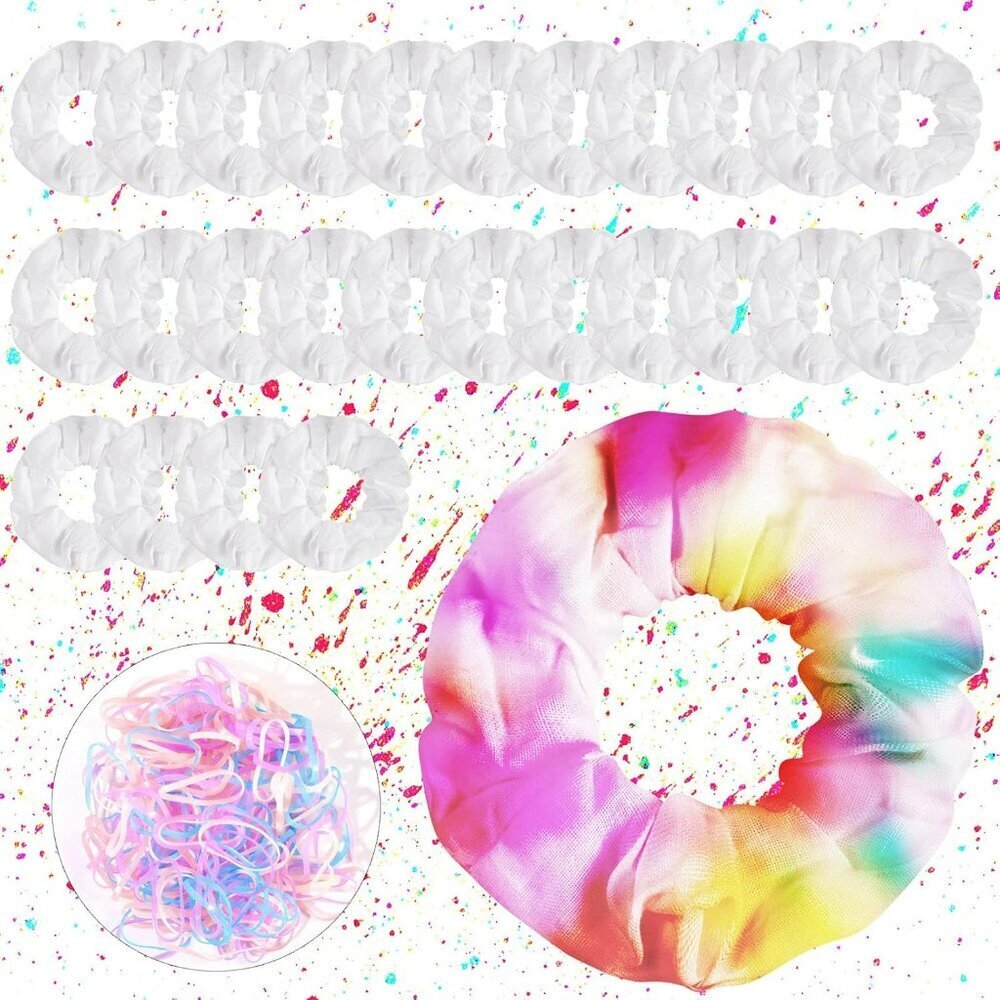 24 Women's Hair Scrunchies Pack - White Cotton Tie-Dye Blanks with 120 Rubber Ba